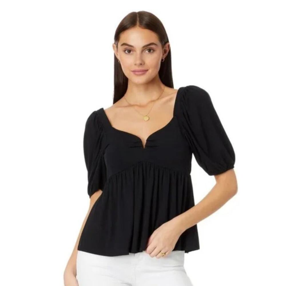 Lilly Pulitzer $108 Floriana Knit Designer Top Black Smocking Large Shirt Blouse